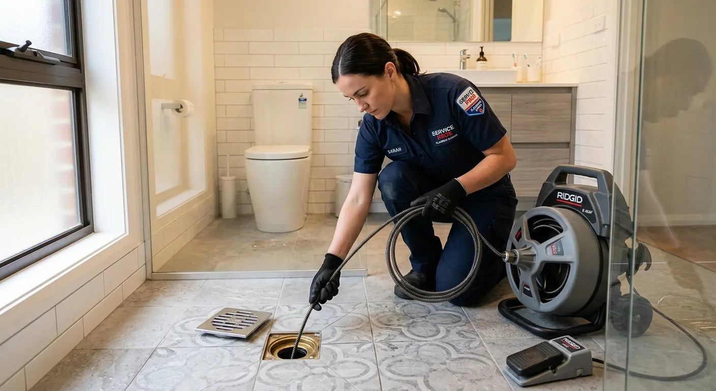 Technician clearing a bathroom floor drain for Clogged Drain Repair in Oswego